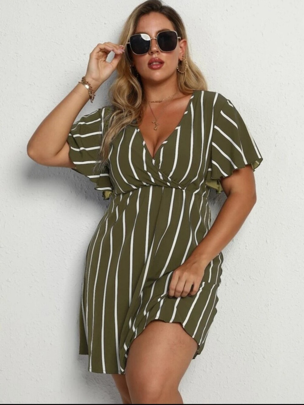 SHEIN CURVE - SIZE 0XL - Striped Short Ruffle Sleeve Wrap V Neck Olive/White